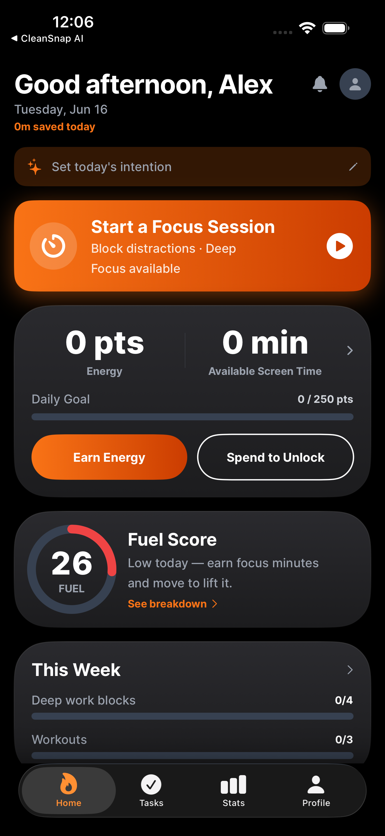 Focus Fuel home screen