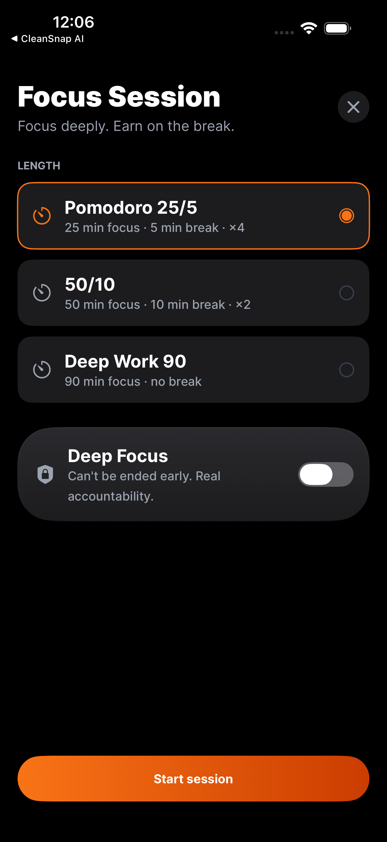 Focus session timer screen